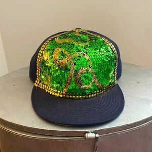 CUSTOM Rimbello navy Blue SnapBack Cap with Gold & Green unique sequins design